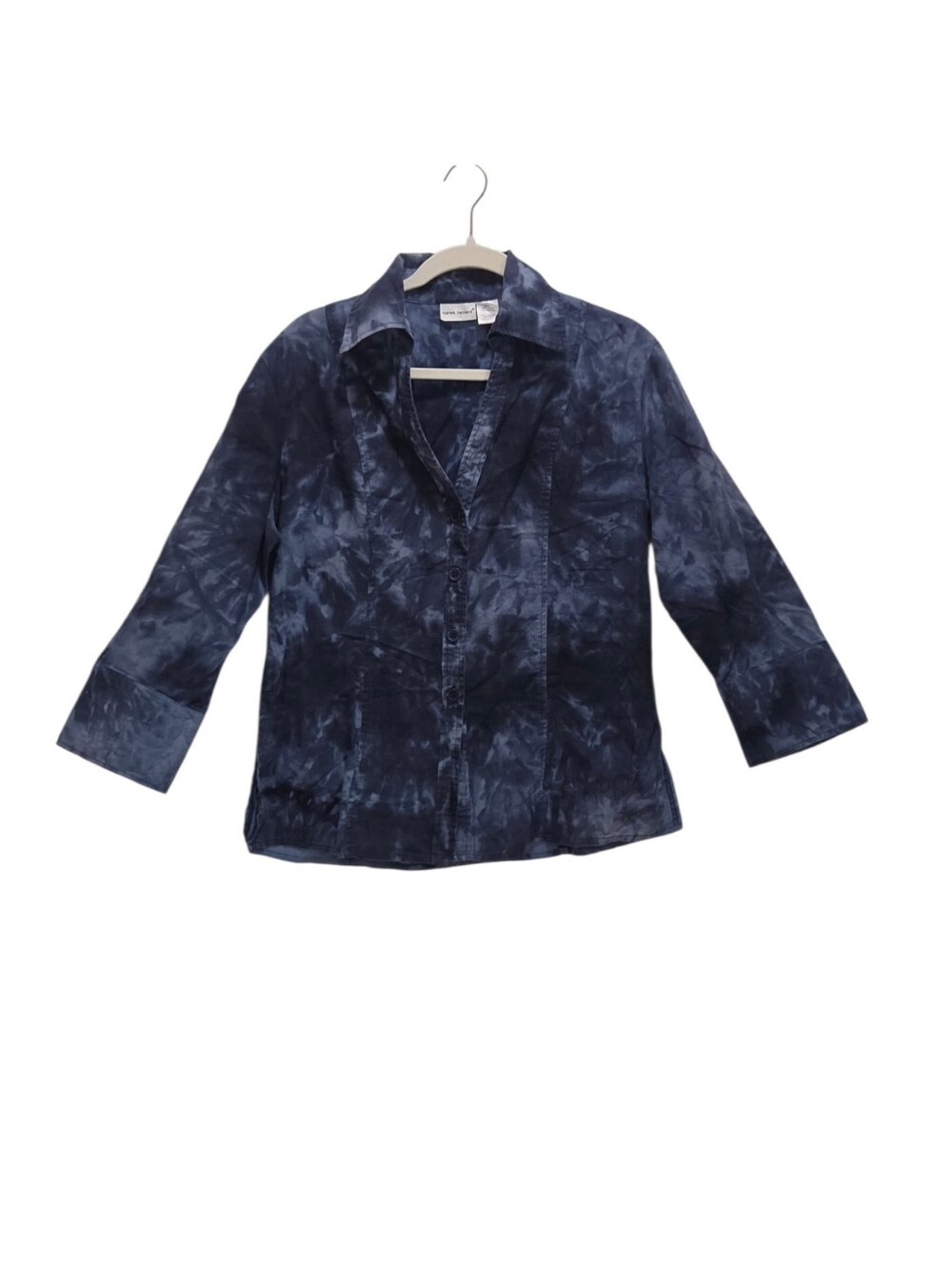 Harve Benard XL Blue Linen Cotton Tie Dye Button Front 3/4 Sleeve Blouse